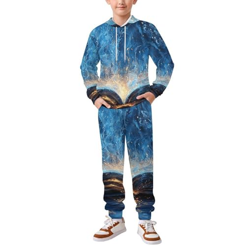 Boys Girls Sweatshirt Set 2 Piece Pullover Hoodie Kid Jogger Sweatpants, Books Lovers Blue Flaming