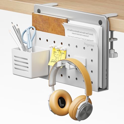 PEGZONE Desk Side Storage Organizer, No Drill Under Desk Laptop Holder, Clamp on Desks Shelf with Pegboard Accessories, Hanging Laptop Mount, Fits Flat Edge 0.4" to 2.2", White