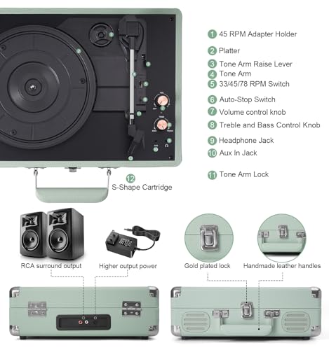 Image of Record Player 3 Speed Bluetooth Portable Suitcase, Vinyl Phonograph with Built-in Bass & Speakers, Belt-Driven LP Player Support AUX-in RCA Line Out Headphone Jack, Green
