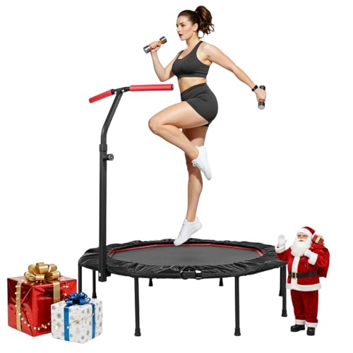 LIFERUN Mini trampolino elastico da interno per adulti Ø128 cm,Piccolo trampolino elastico da fitness,Jump Rebounder per allenamento,Capacità di carico 150 kg,Maniglie regolabili,Casa,Rosso