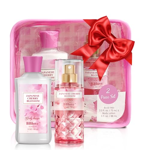 Bath and Body Gift Set for Women and Girls 2PC Travel Size Self Care Spa Kit with Body Lotion and Body Mist Spray Japanese Cherry Blossom Floral Scent Gift for Teens Mom Bride Friends
