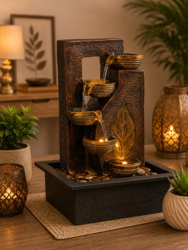 Image of CHRONIKLE Indoor Tabletop Water Fountain with Warm LED Light & Controller Pump | Golden Leaf Designer 4 Diya Step Cascade Polyresin Waterfall Fountain for Home, Meditation Decor | Brown | 40x29.5x22CM