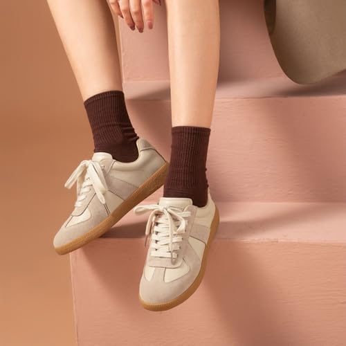 BEAU TODAY Fashion Sneakers Women, Leather Flat Sneakers, Casual Lace Up Retro Comfortable Shoes for Tennis Walking Runnig Trainer 5