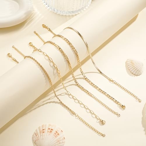 Image of Ritach Ankle Bracelets for Women - Silver /Gold Plated Stainless Steel Anklets for Women Waterproof Layered Cuban Link Figaro Chain Heart Anklets Set Summer Beach Jewelry Gifts
