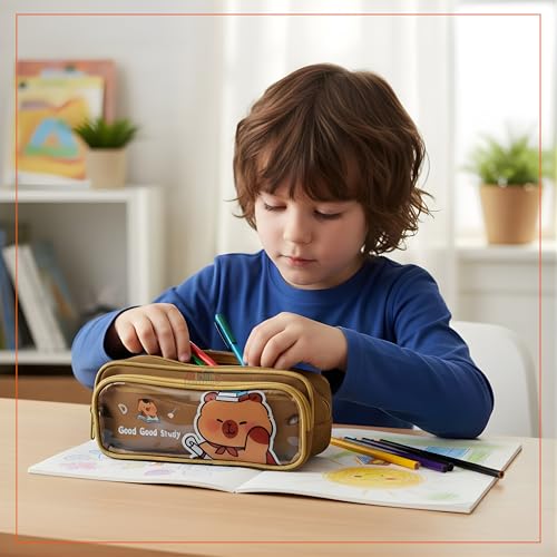 Image of Alokik Enterprise Cute Cartoon Pencil Pouch with Double Zipper & Transparent Window, Large Capacity Fabric Pen Case for School, Office, Students, Kids & Teens (Good Study Brown Pouch)