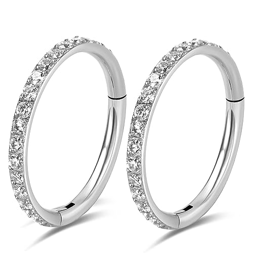 PIERCINGBOY 2pcs Titanium Cartilage Earrings Piercing 18G 8mm CZ Nose Rings Hoops Crystal Conch Helix Tragus Lobe Rook Silver Hinged Segment Rings Lip Nostril Clicker Body Piercing Jewelry