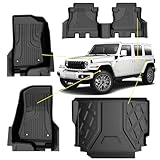 Floor Mats & Cargo Liner Compatible for Jeep Wrangler JL 2018-2024 4 Door Sahara Rubicon without Subwoofer (Non JK or 4XE) All Weather Wrangler Floor Liner for 1st, 2nd Row and Trunk Full Set Car Mats