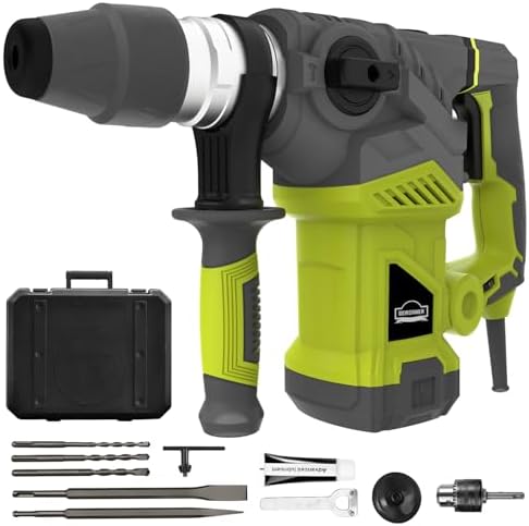 DEWINNER 1-1/4 Inch SDS-Plus 1500W Heavy Duty Rotary Hammer Drill, Safety Clutch 3 Functions with Vibration Control, 13Amp Demolition Hammer Including Grease, Chisels, Drill Bits, and Case