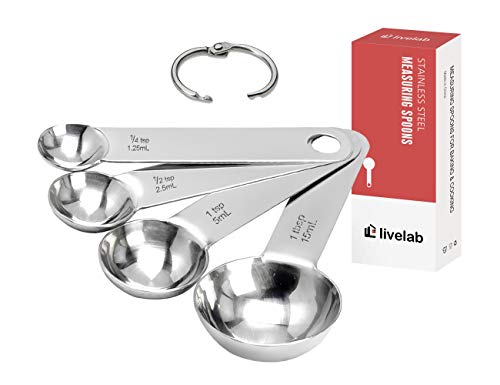 Livelab Measuring Spoons, 18/8 Stainless Steel Stackable Spoon Set of 4 Piece, Portable Metal Measuring Tools Kit, Measurement Dry and Liquid Ingredients for Baking Cooking