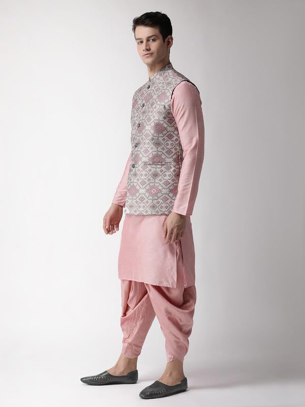 Kisah Men's Kurta Jacket Dhoti Set, Grey Cotton Blend, Printed Regular Fit Mandarin Collar Long Sleeves (42)