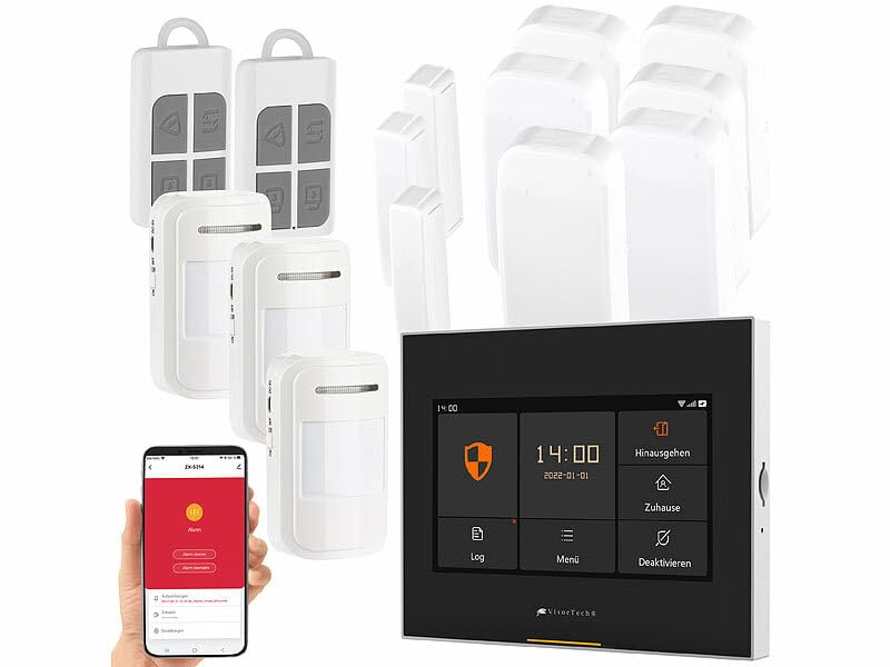 VisorTech Alarmanlage Wohnung: 14-TLG. Funk-Alarmanlage: 9 Sensoren, 2 Fernbedienungen, GSM WLAN App (Haus Komplett Set, Einbruchmeldeanlage, Kfz Ladegerät)