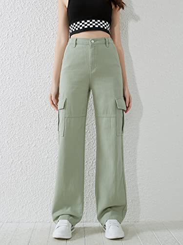 SweatyRocks Girl's Casual Elastic Waist Zip Up Denim Pants Straight Leg Cargo Jeans with Pocket3