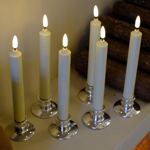 Image of 6PACK Flameless Battery Powered 8'' Ivory Taper Windows Candles, Include 12 AA Batteries, with Remote and Timer, with Suction Cup and Removable Silver Candleholders, Remote Included, Patented
