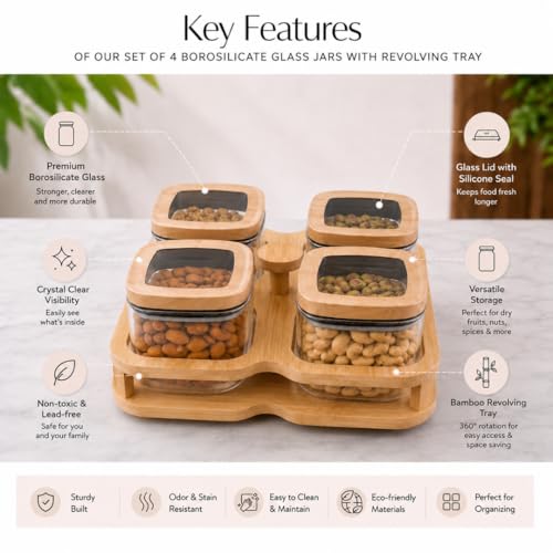 Image of Borosilicate Glass Storage Jars Set of 4 with 360 Rotating Bamboo Tray, 500ml Airtight Square Glass Containers with Wooden Lids, Dry Fruit, Nuts, Snack,Spice Organizer for Kitchen Counter
