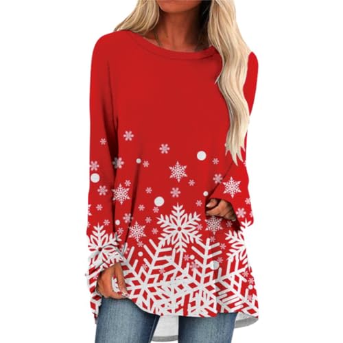 KKG Christmas Tunics or Tops to Wear with Leggings Plus Size Casual Loose Fit Blouses Long Sleeves Snowflake Clothes Shirt