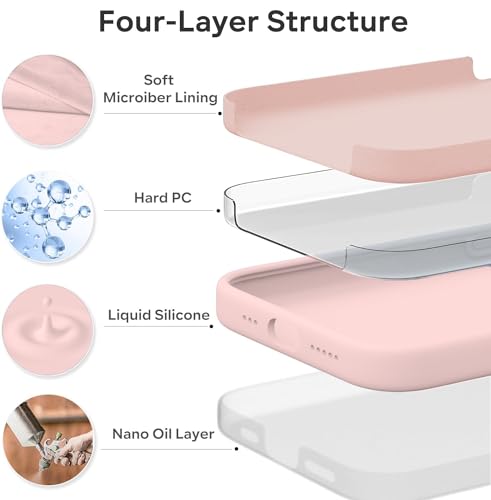 Image of Elzzi Microfiber Logo Cut Cover Compatible for iPhone 15 Pro Case Liquid Silicone Cases Full Body 4 Layer Protective Covers Shockproof Back Cover with High Raised Camera Lips- Sand Pink