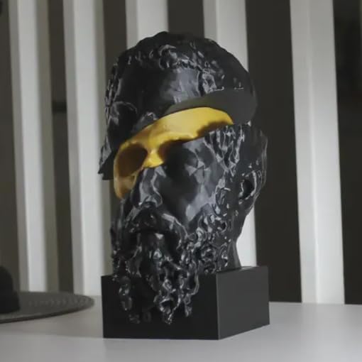 Modern Greek Bust Sculpture, Sliced Socrates Design, 3D Printed Art Piece, Contemporary Home Decor (Black-Gold)