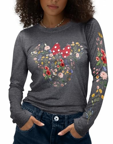 Flafens Long Sleeve T Shirts for Women - Crewneck Womens Graphic Tees Cute Cool Tshirts Teens Girls Boys Men Bow Flower Design Medium