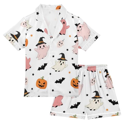 Satin Pajama Sets Short Sleeve Halloween Ghosts Pumpkins Bats Button Down Silky Nightwear 2 Piece PJS 5-14Y