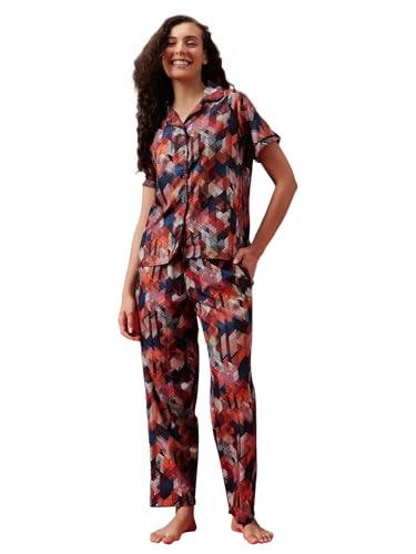 Image of Clovia Women's Cotton Printed Button Down Shirt & Pyjama Night Suit Set