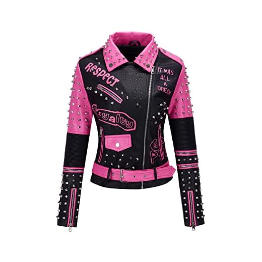 Giolshon Donna Giacca in finta pelle borchiato Rivetto floreale Moto Motociclista Cappotto con rever corto 0376 Rosa L