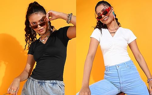 Image of POPWINGS Casual Solid V-Neck Short Sleeves Summer Wear Tops Combo for Women