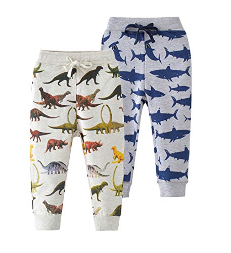 Image of HUAER& Baby Boy's Jogger Pants Dinosaur Car Animal Print Drawstring Elastic Sweatpants (1-Pack 2-Pack)