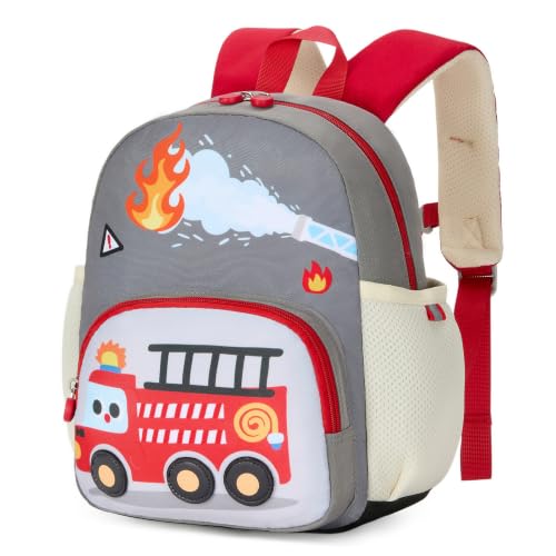 PROTAURI Sac à Dos Enfant Maternelle Garçon avec Bretelles de Poitrine & Sifflet, Cartable Maternelle 3D-Animal Réfléchissant, Sac Enfant Maternelle Respirant pour 3-7 Ans, 11L, Camion de Pompiers