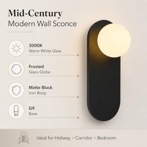 Image of Mid Century Modern Black Globe Wall Light Fixture for Bedroom | Milk Glass Sphere Lampshade,Matte Black Backplate,Warm Ambient Lighting,Up or Down Installation,Suit for Bedside and Corridor
