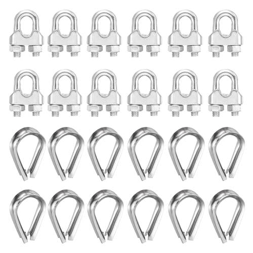 sourcing map Juego de 12 abrazaderas de clip de cable de cuerda de alambre de 1/4 pulgadas M6 pequeñas de acero inoxidable 304 con dedal para aparejo seguro, tendedero de valla de línea marina, color