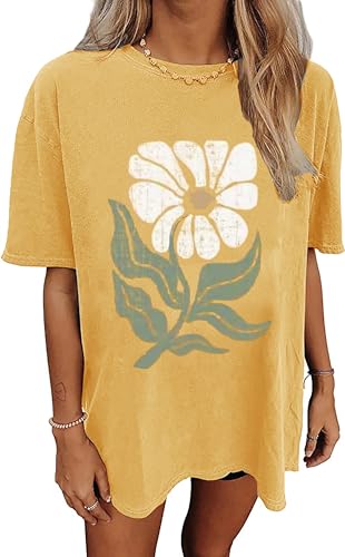 Oversized Tshirts for Women Wildflower Graphic Tees Hiking Crewneck Short Sleeve Clothes Casual Loose Hawaii Tops(M,Yellow-1)
