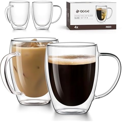 OJA Double Wall Glass Goffee Mugs 13oz, Clear Glass Coffee Mugs Set of 4, Insulated Glass Coffee Mug, Perfect for Espresso, Cappuccino, Latte, Americano, Tea Bag, Beverage Cover