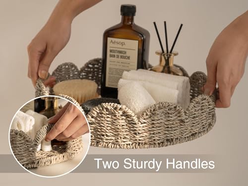 Image of StorageWorks Round Wicker Scalloped Tray, Rattan Serving Trays with Handles, Seagrass Basket for Decorative & Organizing, 13 inch L x 13 inch W x 2.75 inch H