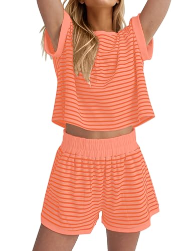 Image of MISSACTIVER 2 Piece Lounge Set Women Stripe Knit Short Sleeve Tee Shirts Shorts Casual Summer Loungewear Shorts Sets