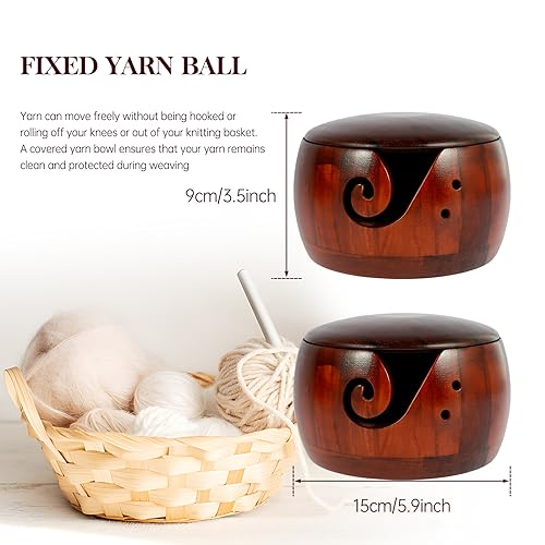 Image of Wooden Yarn Bowl with Lid, 6in Round Knitting Yarn Holder Bowl with Carved Holes,Crochet Bowl for Yarn,Pine Wood Weaving Thread Bowl, Yarn Storage Bowl for Crocheting Accessories (Dark color with
