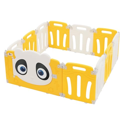 Joyz Parque Infantil 120×120 cm Corralito para Bebés Plegable de Plástico Blanco/Amarillo con Diseño Panda Gimnasio de Actividades Interior/Exterior Barrera con Puerta y Reloj de Aprendizaje