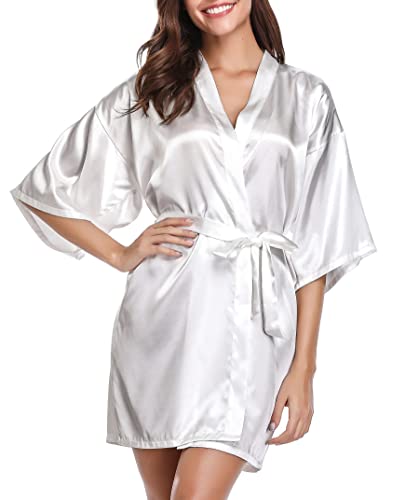 Vlazom Women's Kimono Robes Dressing Gown Satin Bathrobe Nightdress Short Style Bridal Robe with Oblique V-Neck Silver,XL