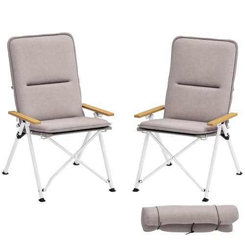 Outsunny 2 Sillas de Camping Plegables de Aluminio Sillas de Jardín Portátiles con Respaldo Alto Ajustable Reposabrazos de Madera y Bolsa de Transporte para Exterior 59x67x96 cm Gris Claro