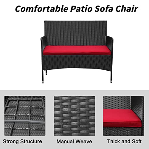 Startogoo Pcs 4 Piece Patio Rattan Sofa Set With Cushions, Outdoor Wicker Furniture Conversation Chair And Glass Coffee Table For Backyard, Pool, Black+Red #TOP3
