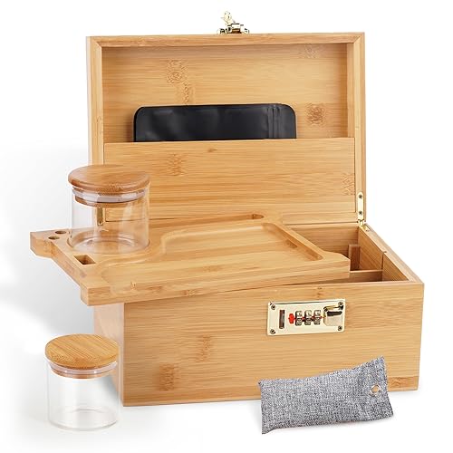 OZCHIN Boîte en bambou avec serrure à combinaison Grande boîte en bambou roulante avec bocal en verre, plateau (25 * 18 * 13 cm)