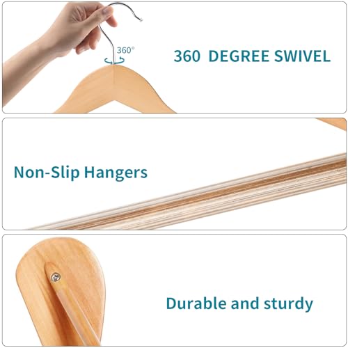 ABHENG Kleiderbügel aus Holz, 14er Set Anzugbügel, um 360° drehbarer Haken, für Jacken,Hemden, Anzüge, Mäntel, 44 x 5,5 x 23 cm (L x B x H), naturfarben AWY0414N