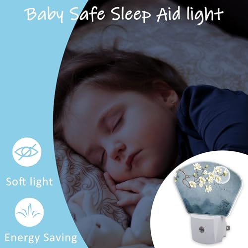 Image of Night Light White Magnolia Flowers Plug-in LED Dusk-to-Dawn Sensor Soft Night Lamp,Suitable for Home Bedroom Bathroom Hallway Stairs