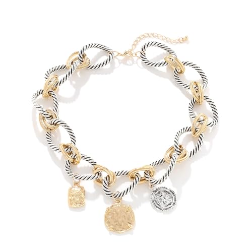 Chunky Two-Tone Chain Necklace for Women Thick Gold Silver Twisted Cable Link Coin Pendant Necklace Trendy Mixed Metal Chain Statement Choker Necklace Casual Everyday Wear Versatile Fashion Accessory Gift (gold + silver)