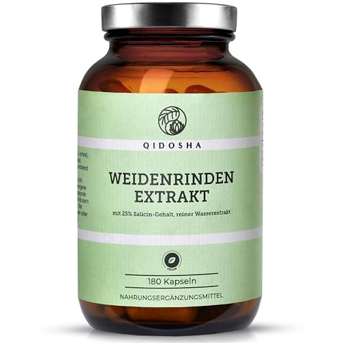 QIDOSHA® Weidenrindenextrakt mit 25% Salicin, 180 Kapseln im Apothekerglas, Wirkstoff-Gehalt in externem Labor testiert, 250mg je Kapsel, deutsche Fertigung