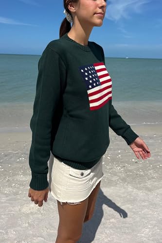 Image of Womens American Flag Sweater Long Sleeve Crew Neck Star Graphic Knit Pullover Tops Casual Loose USA Sweater