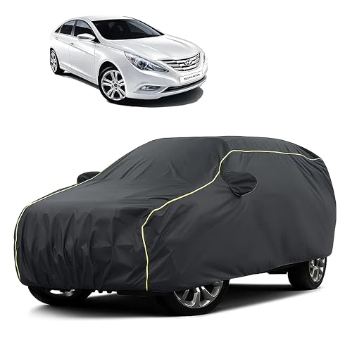 Image of Sulfar 100% Water Resistant Car Body Cover Compatible with Mirror for Hyundai Sonata (Triple Stitched, Full Bottom Elastic, Dark Grey Taffeta with Yellow Piping)