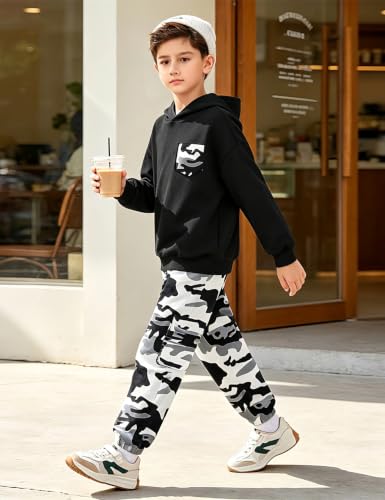 Image of KANGKANG Boys Clothes Two Piece Long Sleeve Hooded Sweatshirt Top Camouflage Sweatpants Fall Outfits Winter Clothes Set 6-16Y