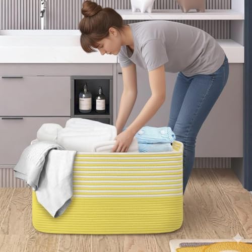 Image of Large Storage Basket, Woven Blanket Basket, Toy Basket with Handle, Laundry Hamper for Living Room, Nursery, Bedroom- 20x15x12 (LXWXH) (yellow mix)