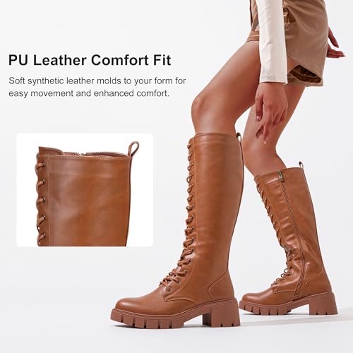 Image of Vepose Women's 953 Knee High Combat Boots Chunky Platform Heel, Lace Up Gothic Punk Work Boots for Dresses and Jeans
