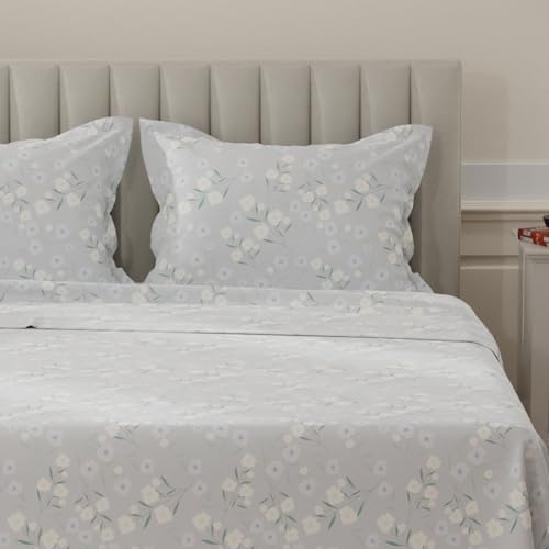 Image of Layers 100% Cotton Bedsheet for King Size Bed | Lumina Floret Collection | 144 TC Soft & Breathable | Printed with 2 Pillow Covers | Wrinkle Free & Colorfast | 3 Piece Bedding Set - Grey